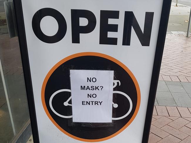 A warning sign at the front of Bicycle Galleria in Ringwood. Picture: Kiel Egging.