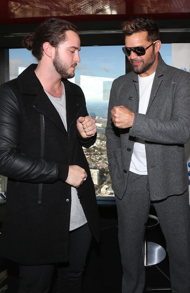Ricky Martin and Jackson Thomas promoting The Voice finale at Eureka Skydeck.