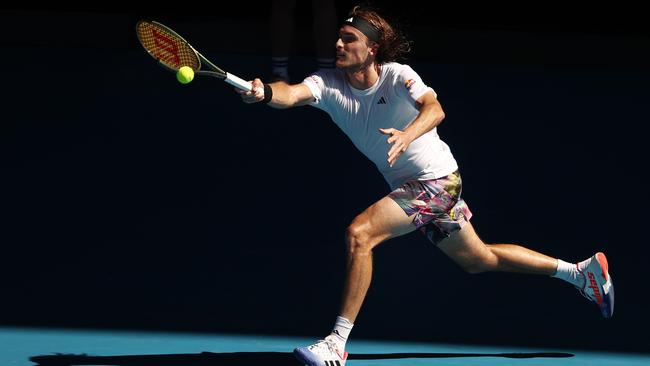 Stefanos Tsitsipas stretches for a forehand against Karen Khachanov Picture: Michael Klein.