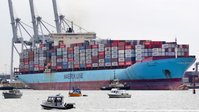 The Soroe Maersk container ship, the longest ship then to visit Port Melbourne, deep in the Covid era in April 2021. Picture: David Crosling