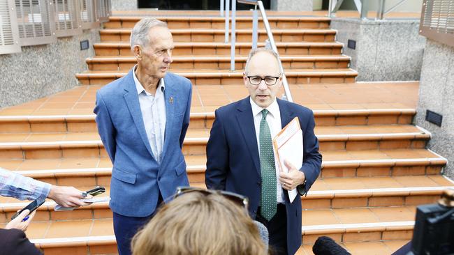 Bob Brown and lawyer Roland Browne outside the Hobart Magistrates Court filing an appeal against a prohibition notice against forest protests. Picture: MATT THOMPSON