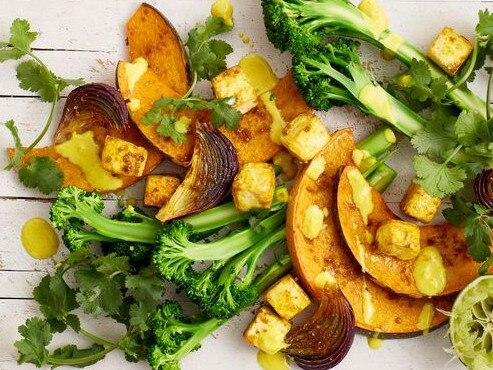 Spiced coconut tofu with pumpkin and broccolini.