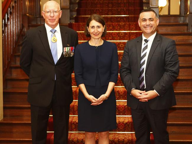 Gladys Berejiklian, pictured with NSW Governor David Hurley and her new deputy Dominic Perrottet, said every community across NSW needs to get its fair share. Picture: Daniel Munoz/Getty Images