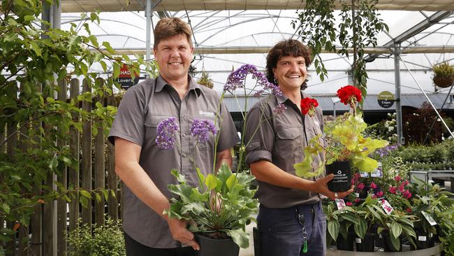 Andrew Clark owner and Jade Jenkins apprentice at Harmony Garden Centre Lauderdale. Harmony Garden Centre one of many nurseries struggling to stay financially afloat in Tasmania. Picture: Nikki Davis-Jones