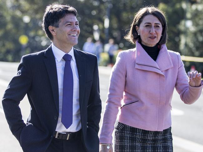 NSW Premier Gladys Berejiklian and Victor Dominello hold a press conference at The Domain in Sydney today.   .Pic Jenny Evans