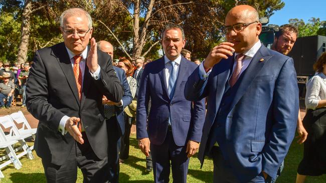 Prime Minister Scott Morrison with SA Premier Steven Marshall and Sanjeev Gupta at Whyalla after the big reveal. Picture: Tom Huntley 