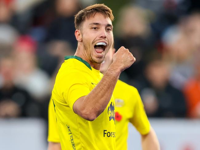 They are of Kookaburra Joel Rintala after scoring a goal during an April FIH Pro League clash in New Zealand.