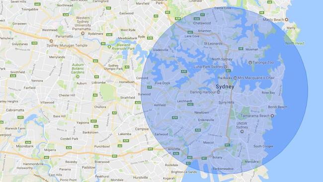 The 10km radius around Sydney’s CBD. Walkable?