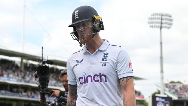 Ben Stokes leaves the field his extraordinary innings was brought to an end by Josh Hazlewood. Picture: Getty