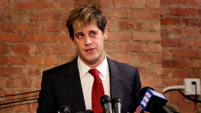 Milo Yiannopoulos addresses the media during a news conference in New York, U.S., February 21, 2017.  REUTERS/Lucas Jackson - RC1367D3B7C0