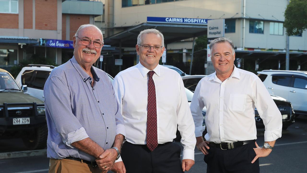 Prime Minister Scott Morrison (centre) campaigning with Member for Leichhardt Warren Entsch (left) in Cairns this week. They are pictured with James Cook University Cairns campus director David Craig. Picture: Brendan Radke