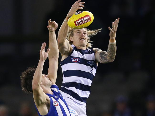 Tom Stewart flies for a mark against North Melbourne. Picture: Michael Klein