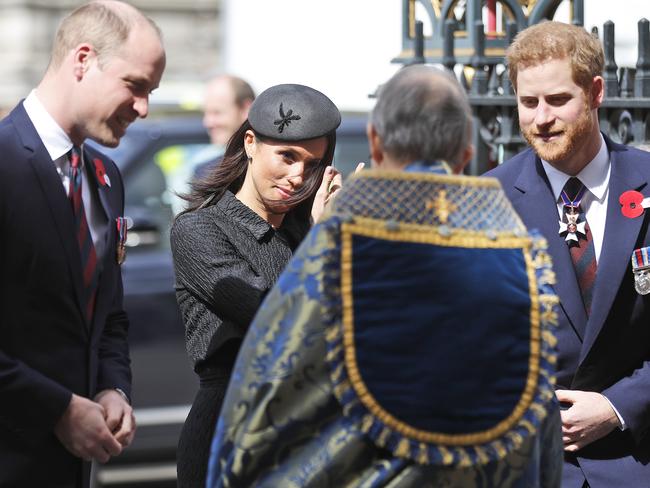 Britain's Prince William, Prince Harry, and Meghan Markle attend Anzac Day services at Westminster Abbey in London. Picture: AP Photo/Frank Augstein