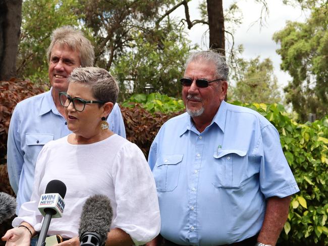 Lockyer Valley mayor Tanya Milligan addresses the media to discuss the water initiatives in the Lockyer Valley proposal, alongside water collaborative member Gordon Van de Est and Somerset Regional Council mayor Graeme Lehmann at Centenary Gardens in Gatton on January 15.