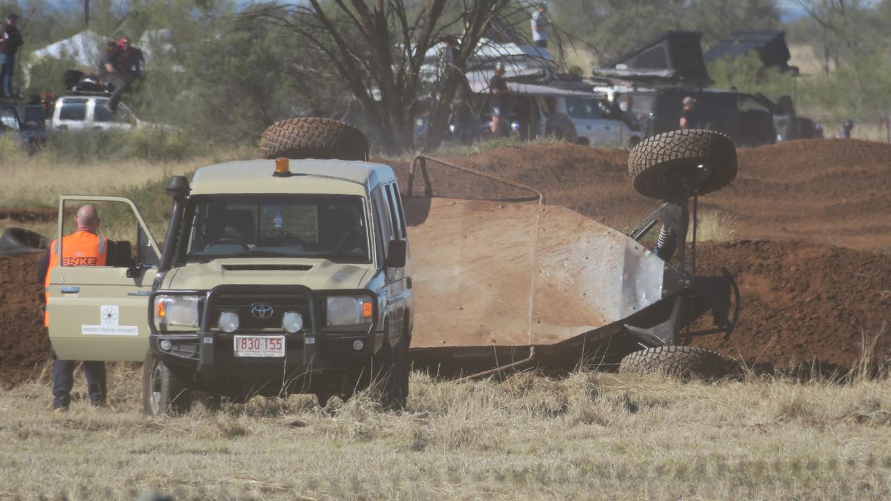 Aaron James and Tanner James after they flipped on the Prologue Day of the 2024 Finke Desert Race. Picture: Gera Kazakov