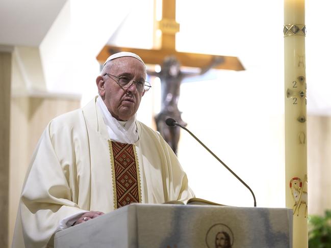 The Pope has been holding a private livestreamed morning mass at the Santa Marta chapel in The Vatican. Picture: AFP