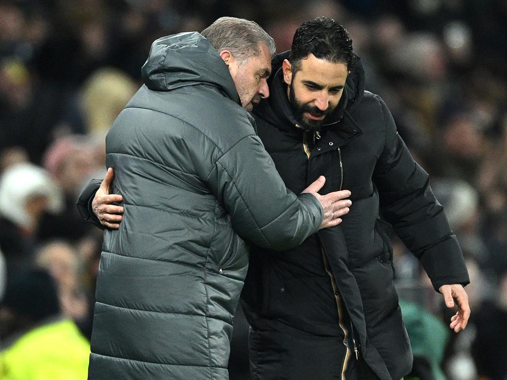 Tottenham manager Ange Postecoglou (left) and his Manchester United counterpart Ruben Amorim embrace after Spurs’ 1-0 win. Picture: Justin Setterfield/Getty Images