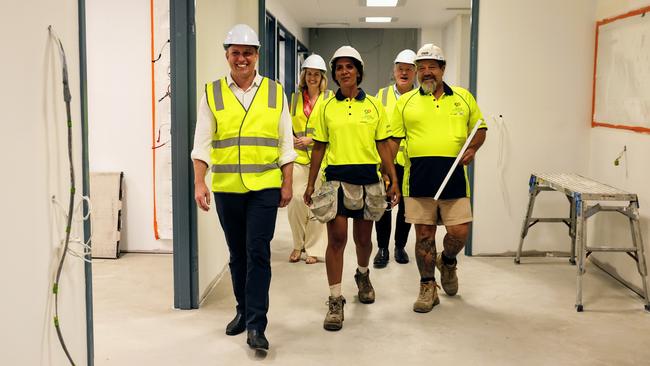 Queensland Premier Steven Miles, with Health Minister Shannon Fentiman, Cairns MP Michael Healy and plasterers Chelsea Drury and Paul Obodin, inspecting the $30m Cairns Hospital expansion earlier this year. Picture: Brendan Radke