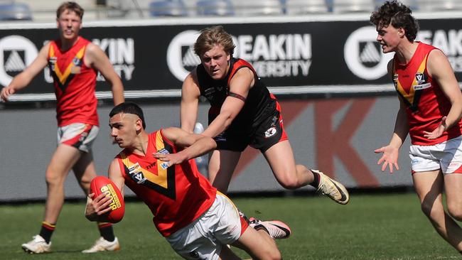 Alfie Wojcinski lays a tackle in the Geelong U18 grand final. Picture: Alan Barber