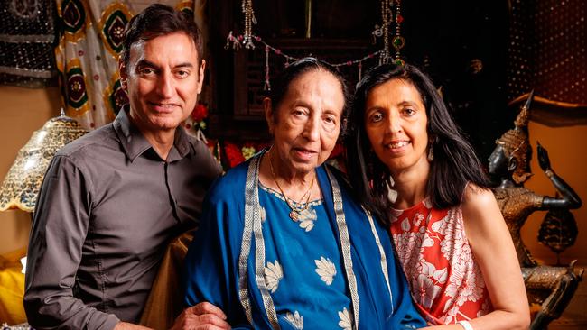 Mrs Singh, middle, with children Amrik and Sheila at The Jasmin Indian Restaurant, Hindmarsh Square. Picture: Matt Turner.