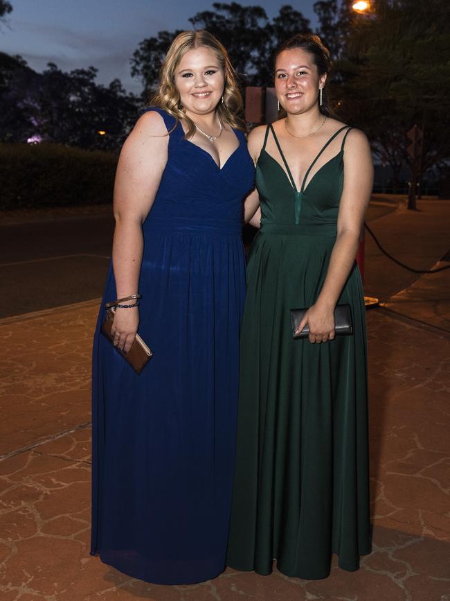 Brooke Poole (left) and Zoe McCurley Ault at Centenary Heights State High School formal at Picnic Point, Friday, November 20, 2020. Picture: Kevin Farmer