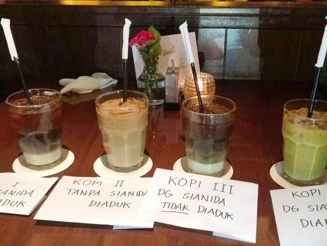 Cups of Vietnamese iced coffee used during a police reconstruction of the murder of Mirna Salihin at the Cafe Olivier in Jakarta. Salihin died after drinking an iced coffee laced with cyanide. Picture: Supplied