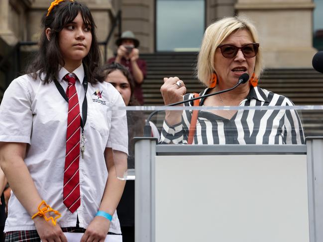 Rosie Batty, right, speaks outside Parliament House in Melbourne. Picture: NCA NewsWire / Ian Currie