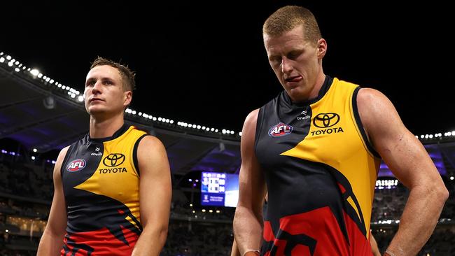 PERTH, AUSTRALIA - MARCH 29: Reilly O'Brien of the Crows walks from the field after being defeated during the round three AFL match between Fremantle Dockers and Adelaide Crows at Optus Stadium, on March 29, 2024, in Perth, Australia. (Photo by Paul Kane/Getty Images)