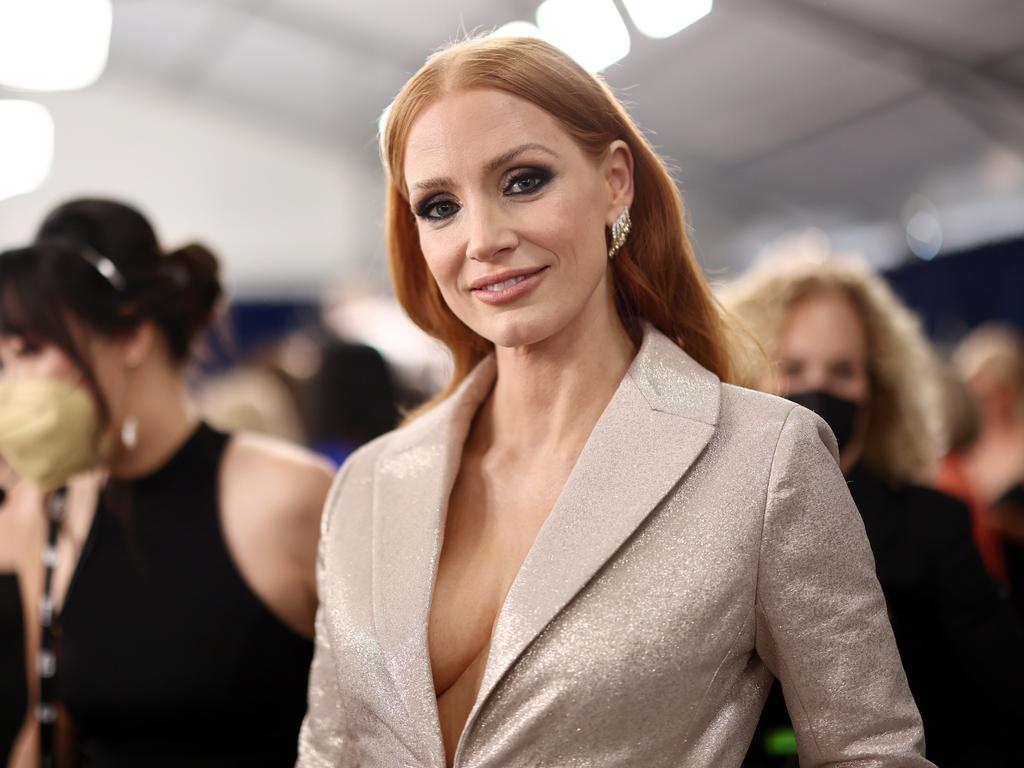 Oscar nominee Jessica Chastain was part of the cleavage brigade at the SAGs in a Dior suit. Picture: Getty Images