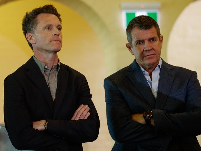 NSW Premier Chris Minns with former Premier Mike Baird during a press conference at the Sydney Cricket Ground on Sunday, August 18, 2024 . Picture: Nikki Short