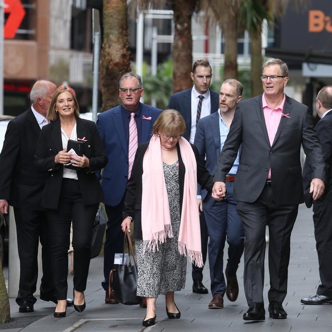 Friends and family of Lynette Dawson with journalist Hedley Thomas at the Supreme Court for the verdict. Picture John Grainger