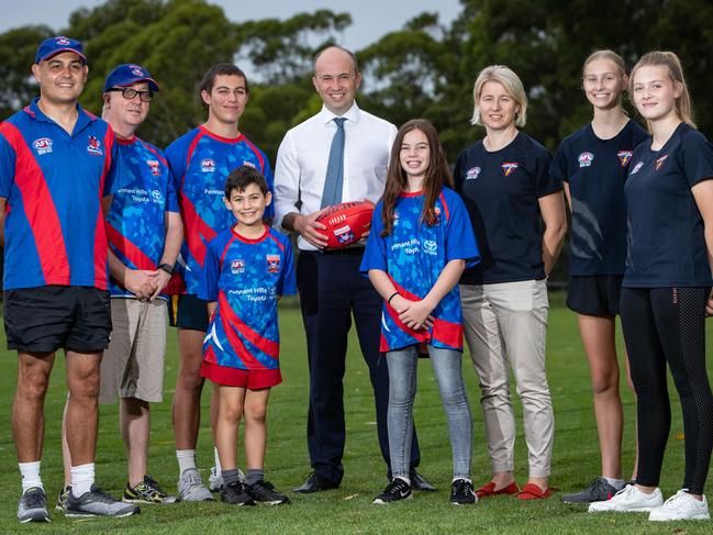 Club president Steve Protogeros, committee member Dean Moran, U17 player Isaac Protogeros, U9 player Xavier Protogeros, U12 player-to-be Zara Protogeros and club registrar Jenni Stewart with youth girls 16 players Anna Stewart and Ciara Richards. Picture: Julian Andrews