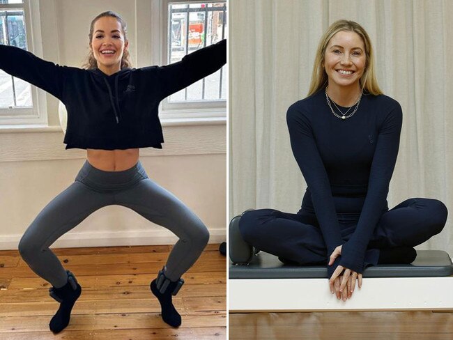 Rita Ora, left, is among a flood of big names being put through their pilates paces by Kirsten King at her Sydney gym. Pictures: Instagram/John Appleyard