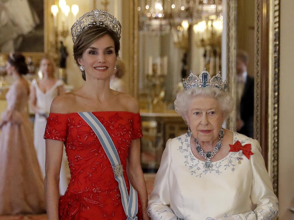 The late queen in her Brazilian Aquamarine tiara. Picture: Matt Dunham – WPA Pool/Getty Images