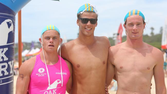 Oliver Sharpe (right), pictured with Lennox Head-Alstonville Taplin relay teammates Lachlan Mahon and Jackson Bond, at the 2022 NSW Country Surf Life Saving Championships.