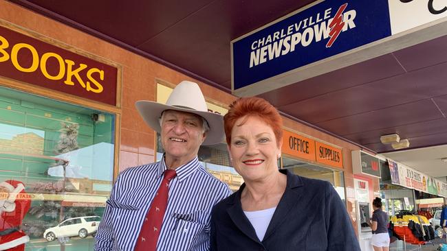 Bob Katter and Pauline Hanson in Charleville on Monday.