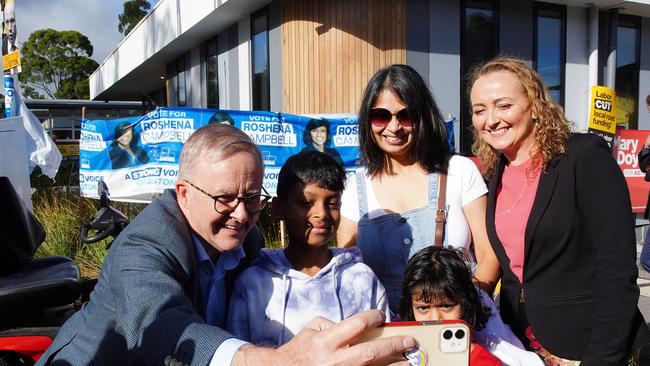 The Prime Minister, Anthony Albanese is seen with Labor candidate for Aston, Mary Doyle, during a visit to Bayswater Primary School polling booth. Picture: NCA NewsWire / Luis Ascui