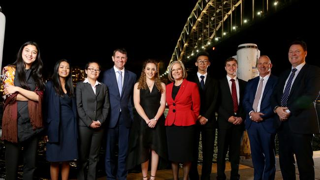 Lendlease Bradfield Urban Vision Scholarship finalists Chloe Henry-Jones, Nikita Chaudhary, Hillary Pan, along with NSW Premier Mike Baird, scholarship winner Kate Zambelli, Lucy Turnbull, Linhoa Li, Edward Fay, Dr Michael Spence, Vice Chancellor of University of Sydney and Steve McCann from Lendlease Picture: Jonathan Ng