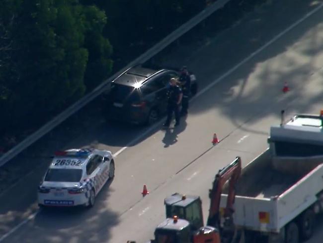 The alleged stolen car is intercepted on the Pacific Motorway. Picture: Nine News