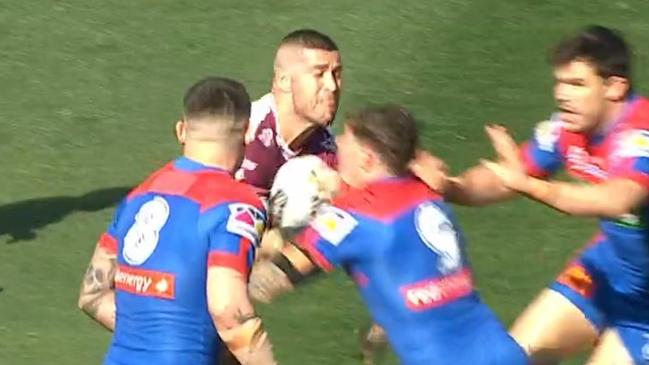 The injury happened after Thompson stuck his tongue out before clashing heads with a Knights hooker Kurt Mann. Picture: Fox League.