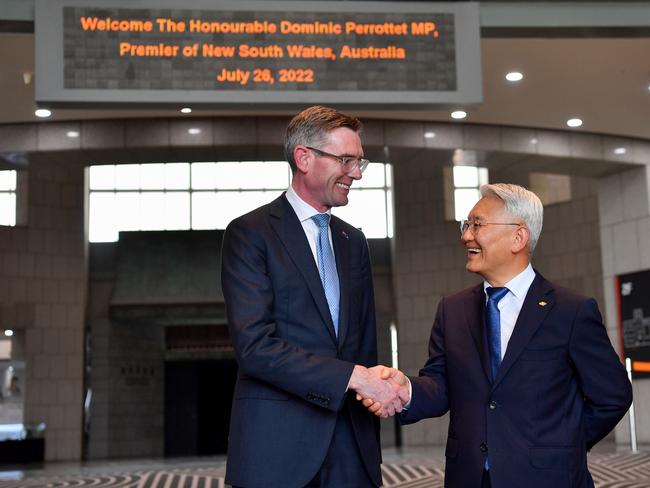 NSW Premier Dominic Perrottet (left), and Yongsan War Memorial President Lee Sang-Chul shake hands at the Yongsan War Memorial, during the Premier’s trade mission trip in Seoul, South Korea, Tuesday, July 26, 2022.Picture: Bianca De Marchi