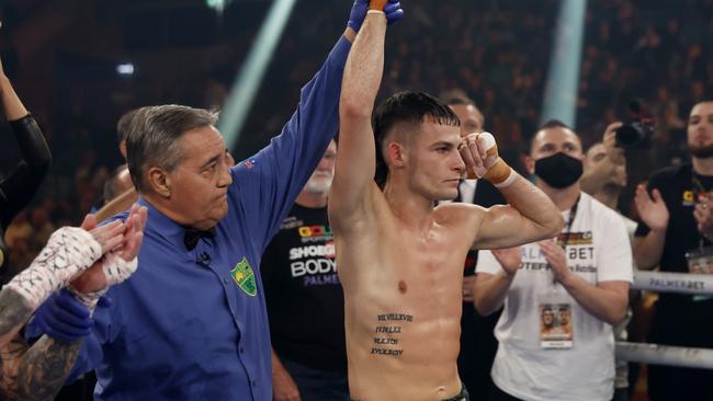 Harry Garside after winning the Australian lightweight title in Newcastle. Picture: Mark Evans/Getty Images