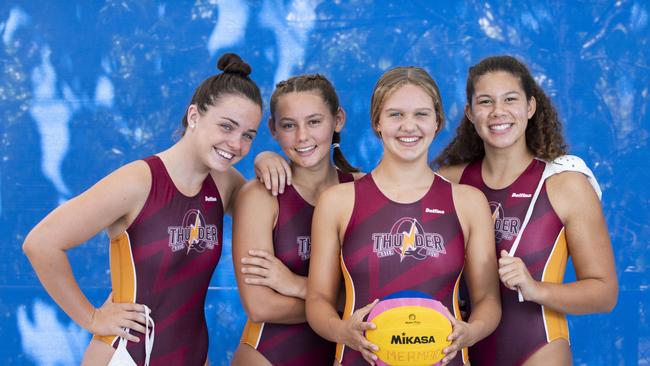 Mermaids Water polo club members in the Thunder squad, Kasey Dalziel, Kate Blew, Lara Owen and Matilda Elliott.                                 PICTURE: (AAP Image/Renae Droop)