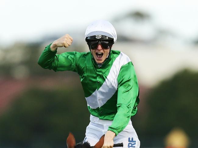 SYDNEY, AUSTRALIA - APRIL 05: James McDonald celebrates riding Mossfun to win race 8, the Tooheys New Golden Slipper during Golden Slipper Day at Rosehill Gardens on April 5, 2014 in Sydney, Australia. (Photo by Matt King/Getty Images)