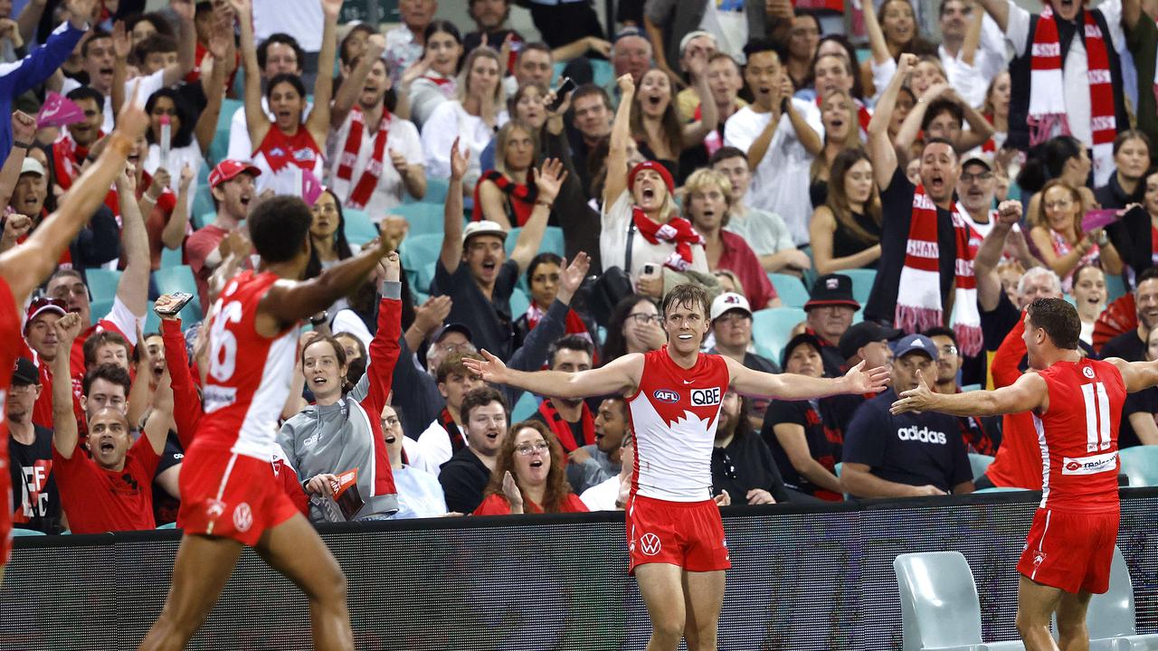 Sydney's James Jordon celebrates kicking a goal in front of the fans during the AFL Round 2 match between the Sydney Swans and Essendon Bombers at the SCG on March 23, 2024. Photo by Phil Hillyard (Image Supplied for Editorial Use only – Phil Hillyard **NO ON SALES** – Â©Phil Hillyard )