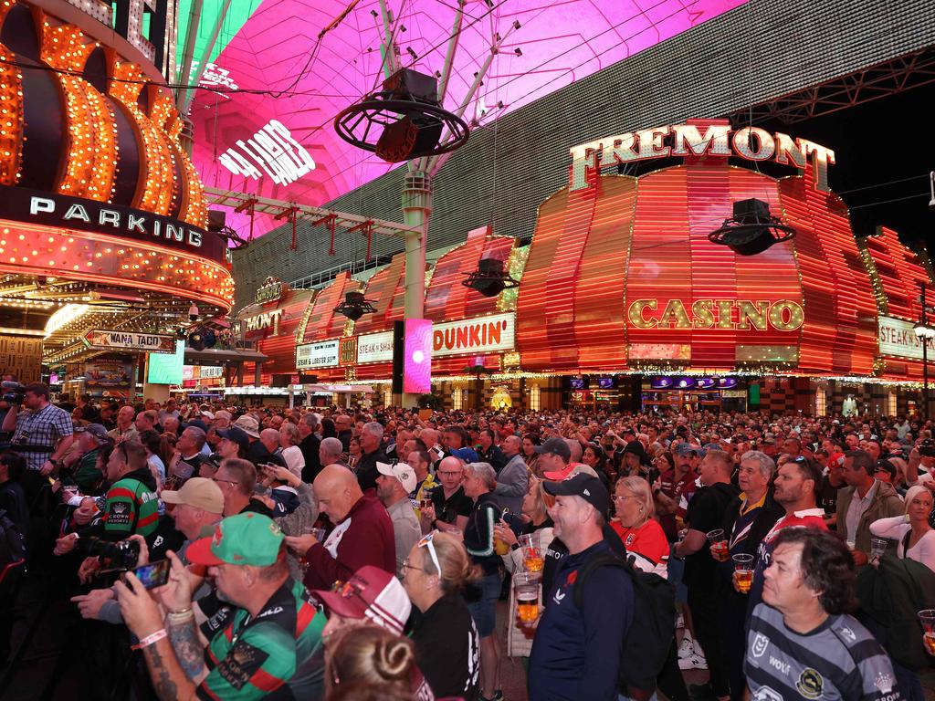 NRL Fans flocked to the NRL season launch at Fremont Street Experience. Picture: AFP