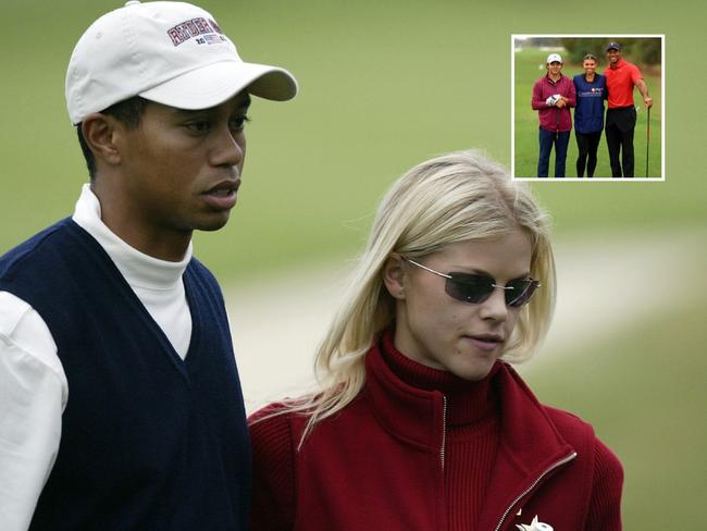 Tigers Woods with Elin Nordegren ans inset with son Charlie and daughter Sam. Photo: Craig Jones/Getty Images and Mike Ehrmann, Getty Images via AFP.