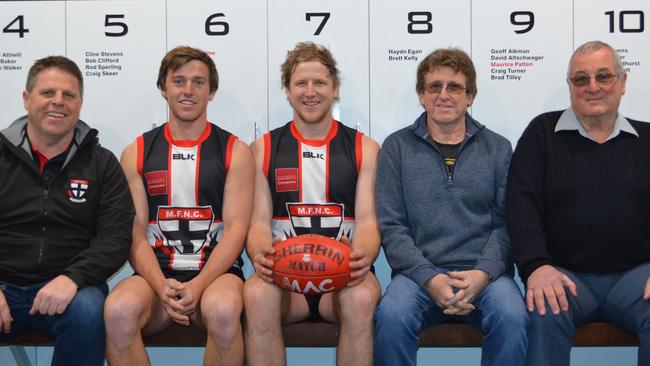 Millicent football club president Craig Tunkin, Mail Medallist Tom Hutchesson, captain coach Clint Gallio, 1984 premiership player Renato Verbena and 1984 president Norm Facey.