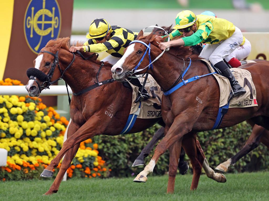 Stronger (inside) denies Sky Field in a thriller at Sha Tin. Picture: HKJC