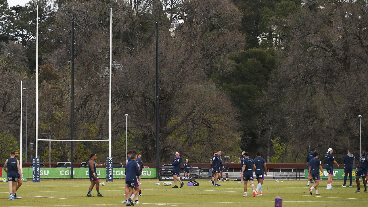 Storm moved training to Collingwood’s home ground on Tuesday, complete with signage, to replicate the SCG. (Photo: Daniel Pockett/Getty Images)